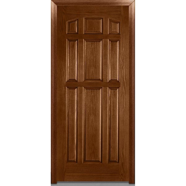 MMI Door 36 in. x 80 in. Severe Weather Left-Hand Outswing 9-Panel Stained Fiberglass Oak Prehung Front Door