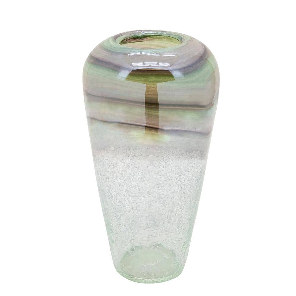 12" Crackled Clear and Green Glass Vase
