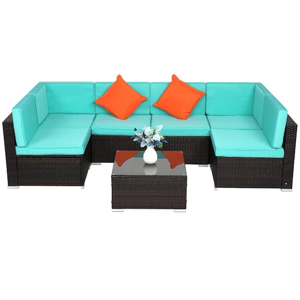 Brown Wicker Outdoor Sectional Set with Lake Blue Cushions