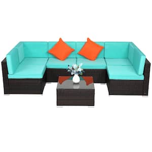 Brown Wicker Outdoor Sectional Set with Lake Blue Cushions