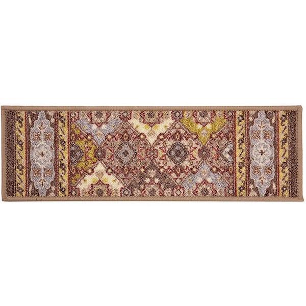 Indoor Bakhtiari Design Taupe 8-1/2 in. x 26 in. Slip Resistant Backing Stair Tread Cover (Set of 1)