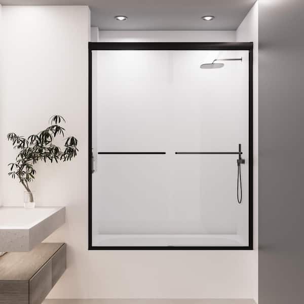 NANAWO 60 in. W x 62 in. H Double Sliding Framed Tub Door in Matte Black with SGCC 1/4 in. Tempered Clear Glass