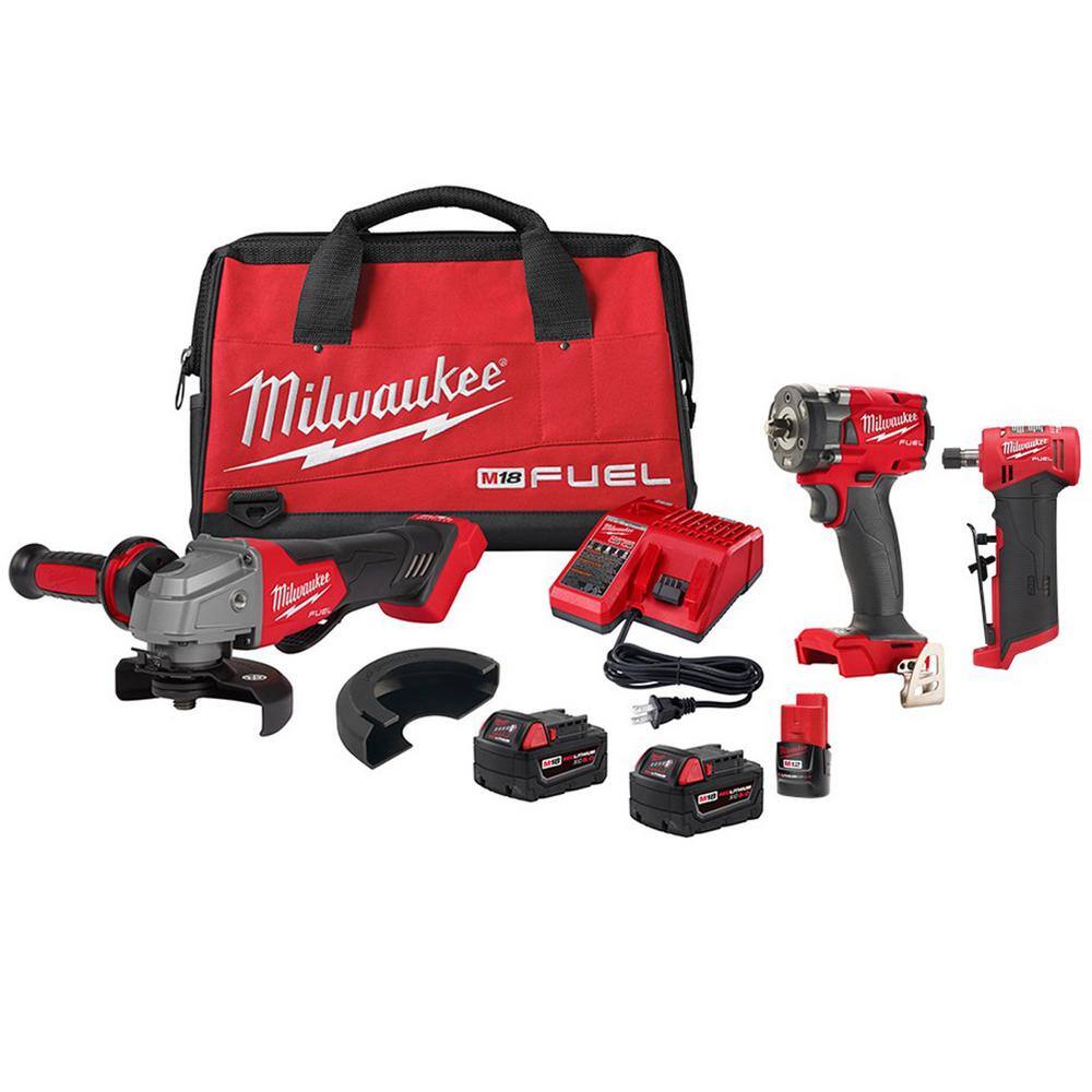 Milwaukee M18 FUEL 18V Lithium-Ion Brushless Cordless Grinder and Impact Wrench Combo Kit w/ M12 Die Grinder & 2.0 Ah Battery -  2991-22-dieG