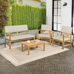 Barclay 4-Piece Modern Coastal Acacia Wood Conversation Outdoor Patio Set with Light Gray/Teak Brown Cushions