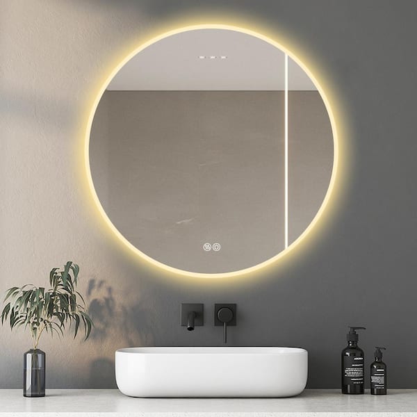 IDEAGLE 32 in. W x 32 in. H Round Frameless Wall Bathroom Vanity Mirror, LED Dimmable Vanity Virror with Lights in Silver