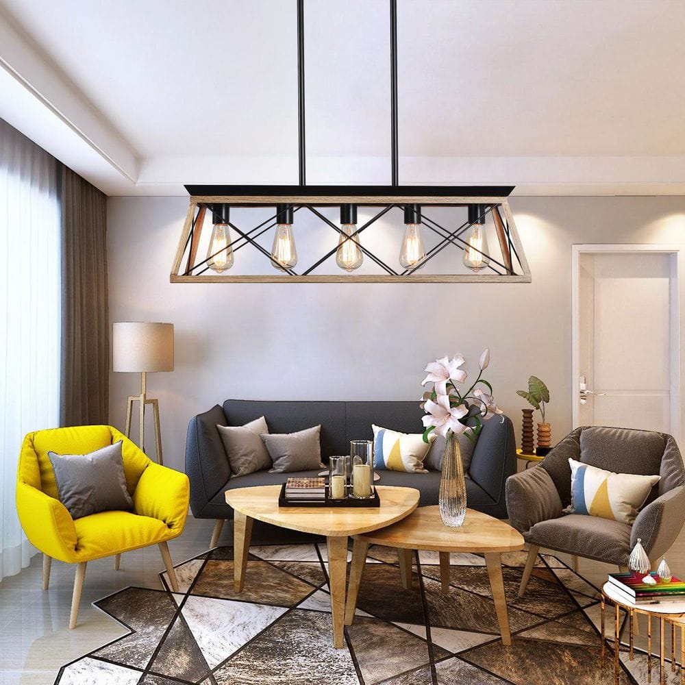5-Light Black and Oak Metal Cage Modern Chandelier for Dining Room and Kitchen Island with No Bulbs Included price history on PriceWatchPro