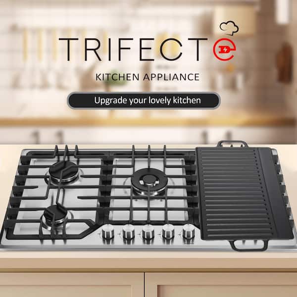 Galway 36 in. Gas Cooktop in Stainless Steel with 5 Burners including Power Burners and Cast Iron Griddle