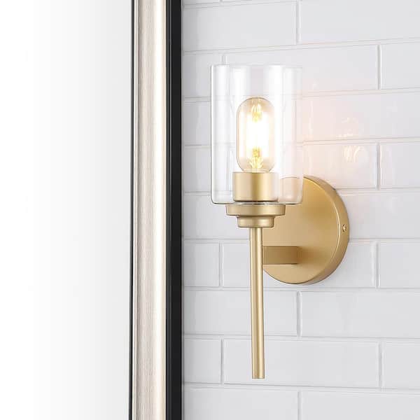 JONATHAN Y Juno 13 in. 1-Light Brass Gold Farmhouse Industrial Iron Cylinder LED Wall Sconce Vanity Light