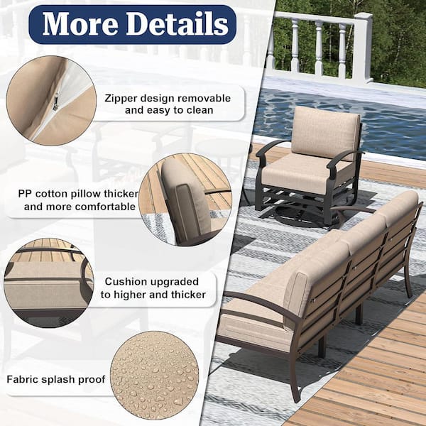 7-Piece Aluminum Patio Conversation Set with Armrest, 55000 BTU Firepit Table and Sand Cushions