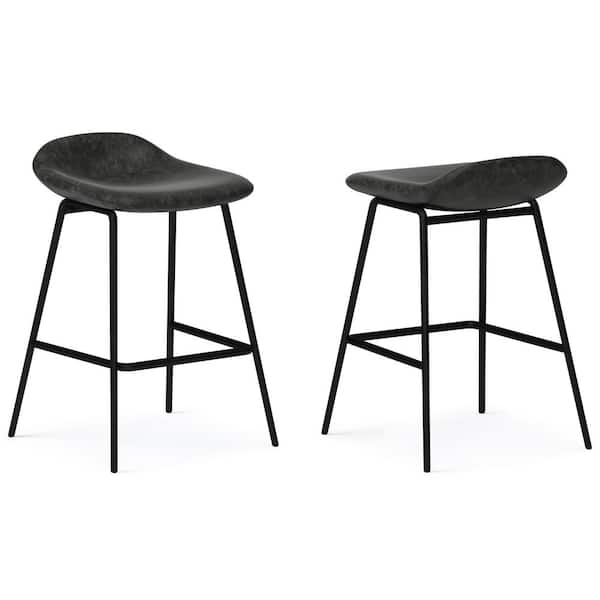 Simpli Home Dafney Contemporary 24 in. Counter Height Stool (Set of 2) in Distressed Charcoal Grey Vegan Faux Leather