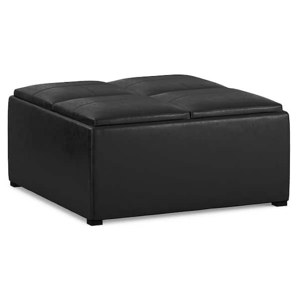 Avalon 35 in. Wide Contemporary Square Coffee Table Storage Ottoman in Distressed Black Vegan Faux Leather, Assembled