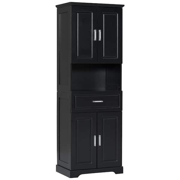 YSQCAR 24.5 in. W x 16 in. D x 71 in. H Black MDF Freestanding Linen Cabinet with Door and Drawers, Adjustable Shelf