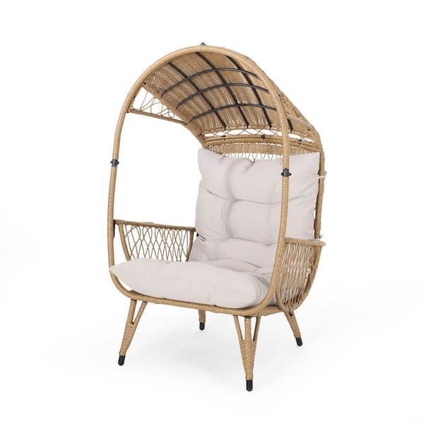 Brown Wicker Outdoor Lounge Chair with Beige Cushion, Outdoor Standing Basket Chair with Deep Seat
