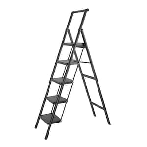 Black Iron, Foldable Non-Slip 5-Step ladder 5 ft. Reach, Load-Bearing 330 lbs., Suitable For Home Office Step Ladder