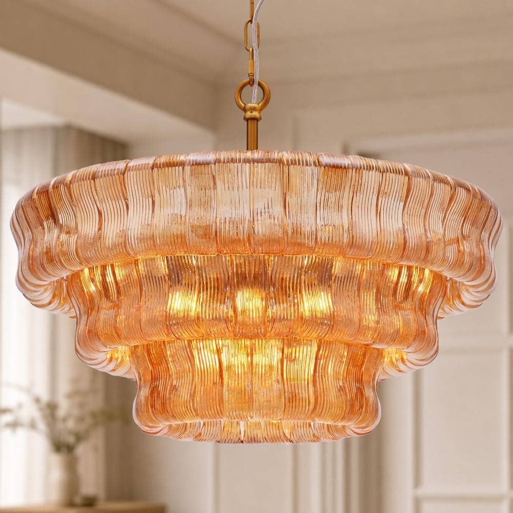 24 in. 8-Light Dimmable Amber Glass Kitchen Island Chandelier, 3-Tier Brass Round Chandelier for Dining Room, Foyer price history on PriceWatchPro