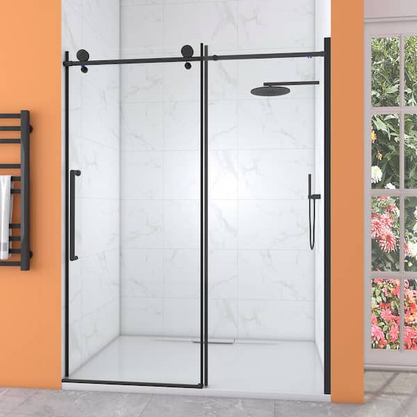 Klajowp 56 in. - 60 in. W x 76 in. H Sliding Frameless Shower Door in Matte Black with Clear Tempered Glass