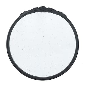 30 in. W x 30 in. H Round Wood Black Frame Decorative Wall Mirror with Hand Carved Rose