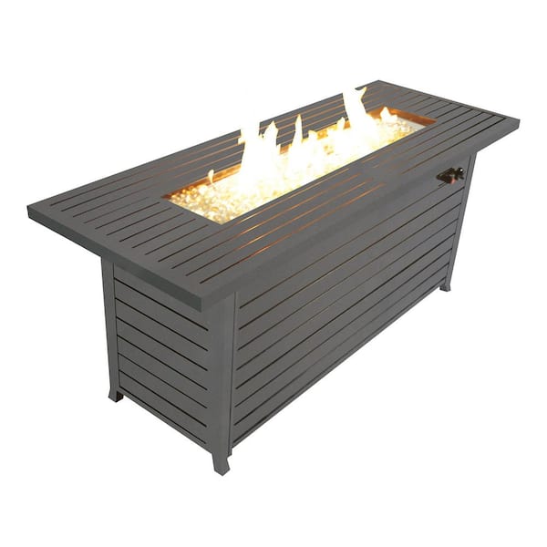 Afoxsos 57 in. x 21 in. Rectangular Steel Gas Propane Fire Pit Table in Black with Lid, Fire Glass, for Garden Backyard Deck