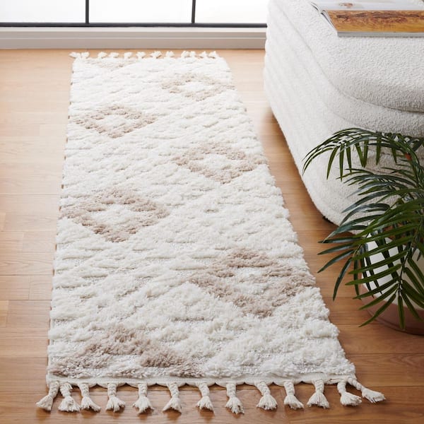 Moroccan Tassel Shag 2 ft. x 14 ft. Ivory/Beige High-Low Geometric Fringe Runner Rug