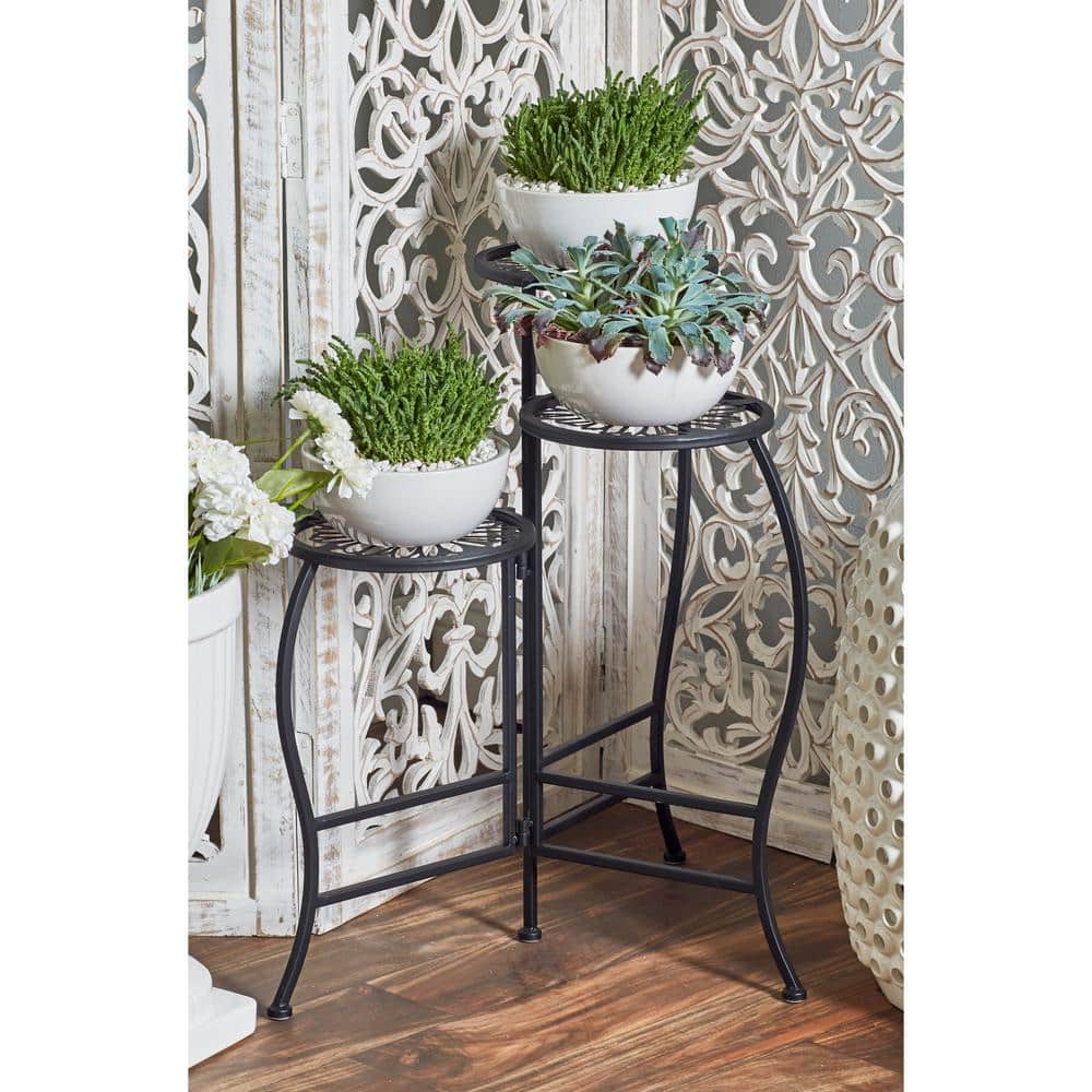 24" Black Metal 3-Tier Round Plant Stand