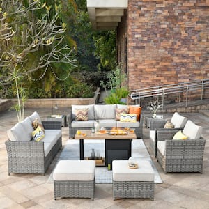 Eufaula Gray 13-Piece Wicker Modern Outdoor Patio Conversation Sofa Set with a Storage Fire Pit and Beige Cushions
