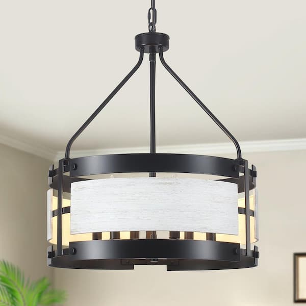 6-Light Black and Beige Gray Antique Textured Drum Chandelier Farmhouse Industrial Candlestick Pendant Light