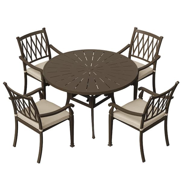Clihome 5-Piece Cast Aluminum Patio Outdoor Dining Set with Beige Cushion and 2 in. Umbrella Hole