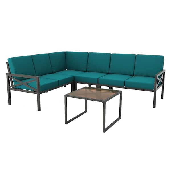 Leisure Made Blakely Black 5-Piece Aluminum Outdoor Sectional Set with Peacock Cushions