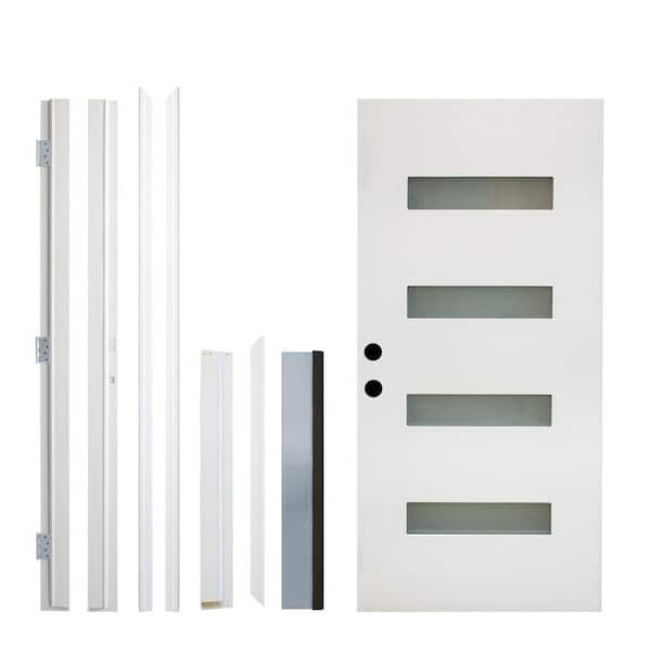 36 in. x 80 in. 4 Lite White Finish Right-Hand Inswing Frosted Glass Fiberglass Prehung Front Door with Hinge, Threshold