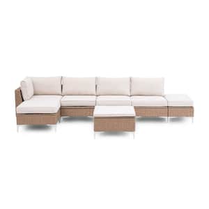 Tan 7-Piece Wicker Outdoor Sectional with Beige Cushions