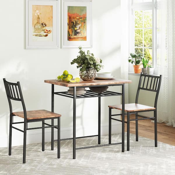 3-Piece Small Dining Table Set, Kitchen Table and Chairs with Built-in Storage Rack and Steel Frame, Brown