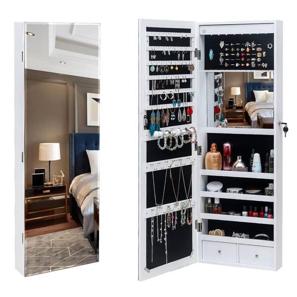 Wall Mounted Jewelry Armoire With Mirror Lockable White Wooden Storage Cabinet 