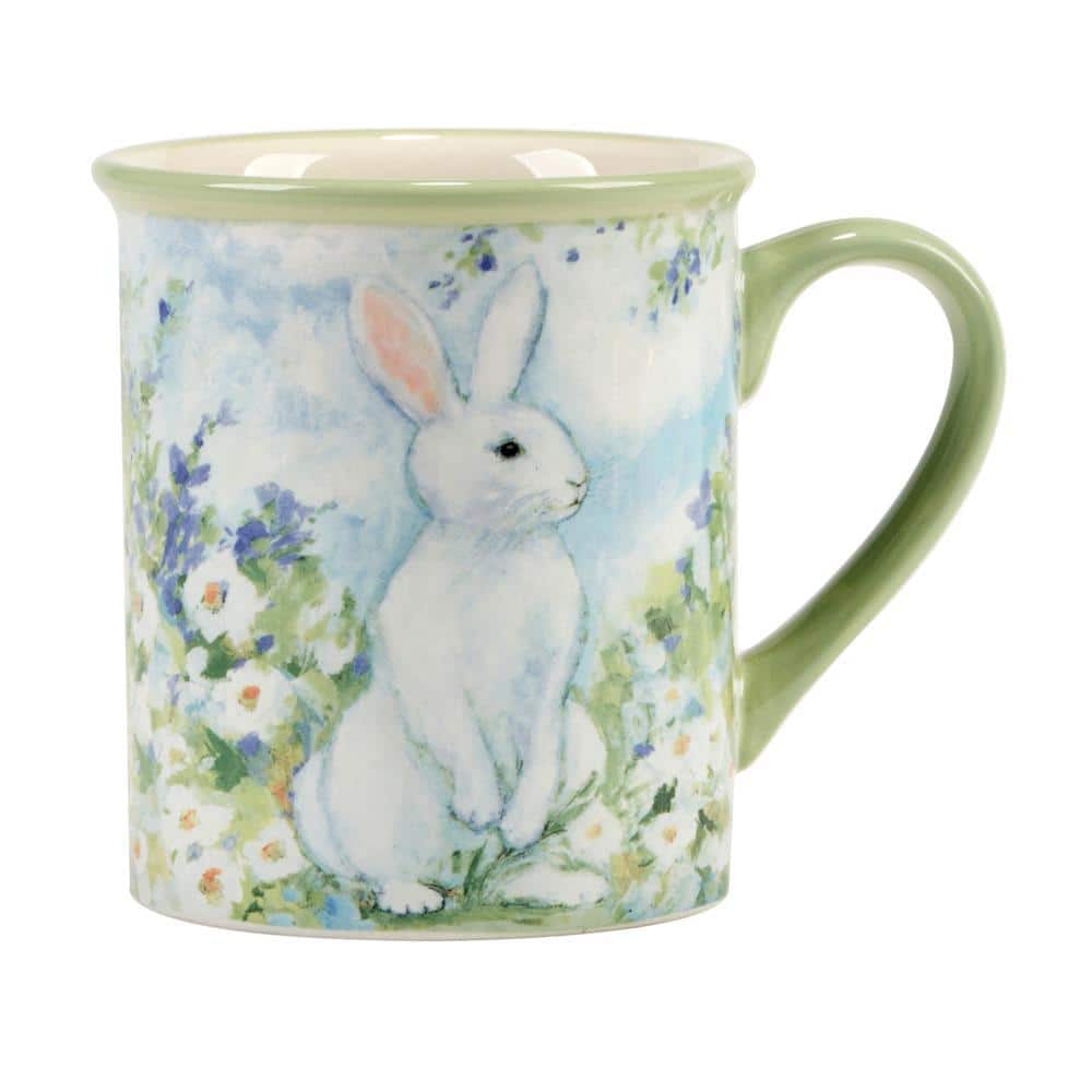 Springtime Bunny Blue Ceramic 18 oz Mugs, Set of 4