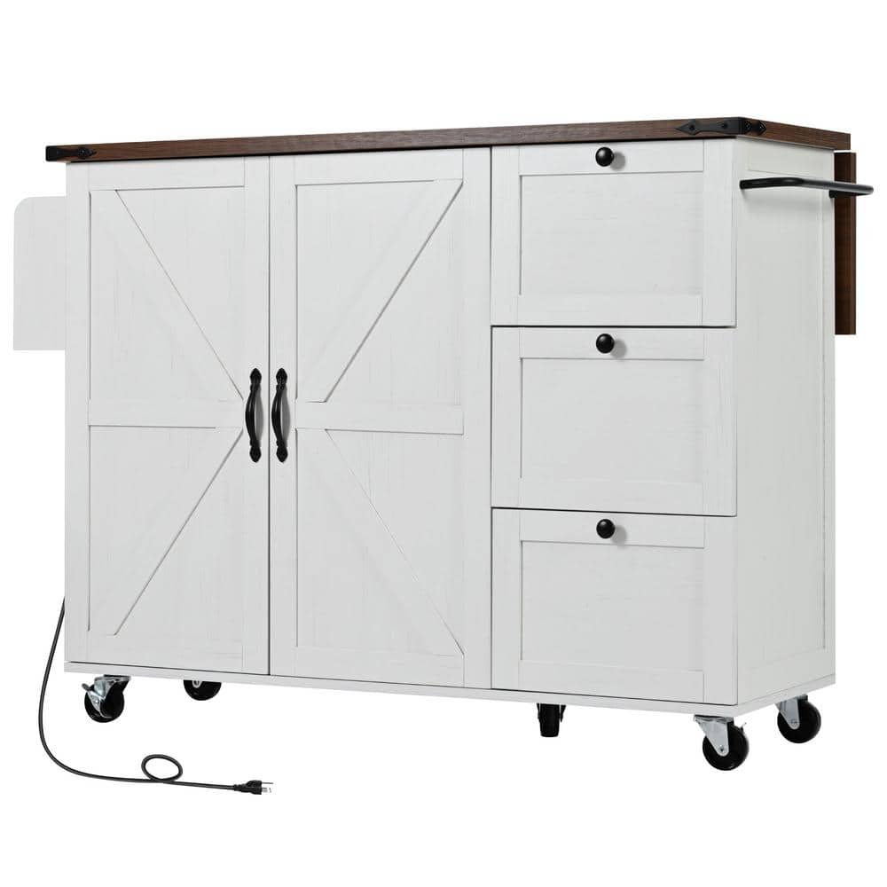White 54.5 in. Outdoor Kitchen IslandKitchen Storage Islandwith Power Outle