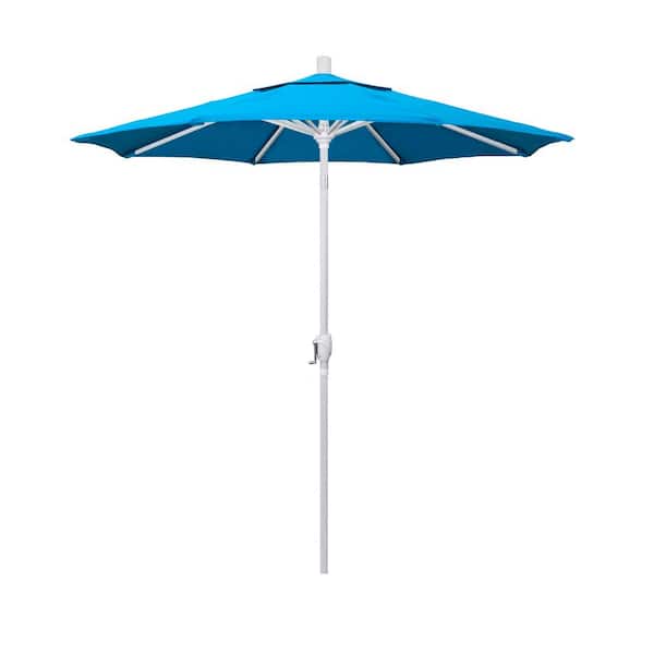 California Umbrella 7.5 ft. Matted White Aluminum Push Button Tilt Crank Lift Patio Umbrella in Canvas Cyan Sunbrella