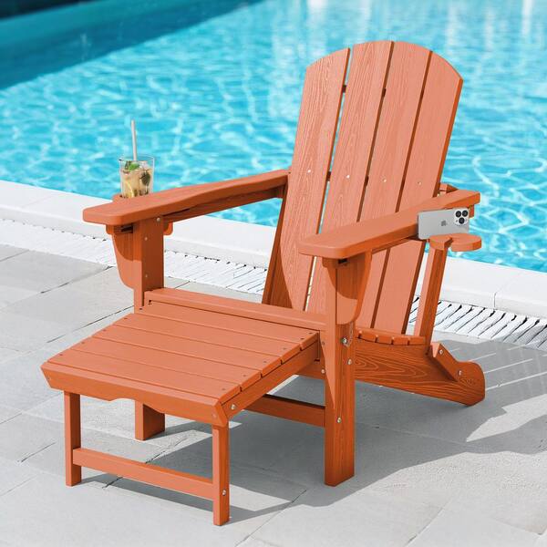 JEAREY 3-Level Adjustable Patio Folding Plastic Adirondack Chair with Retractable Ottoman, Cup and Phone Holders in Orange