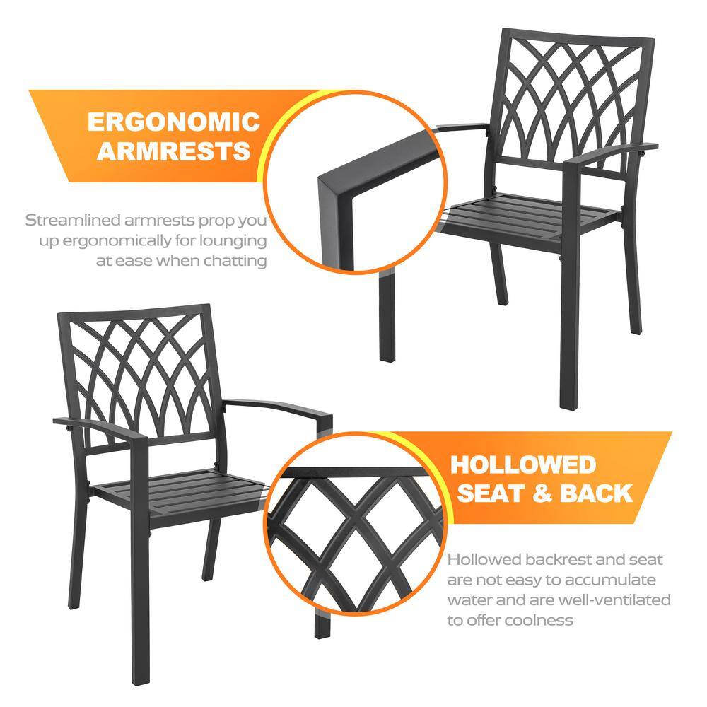 Black Iron Stackable Outdoor Patio Chairs with Lattice Design (2-Pack)
