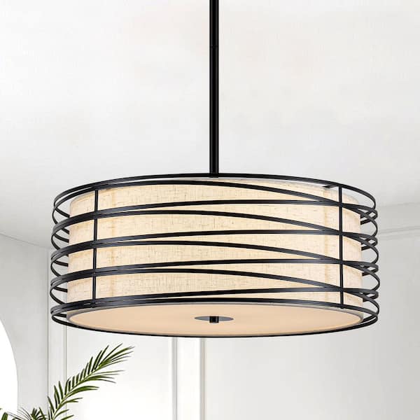 5-Light 19.7 in. Matte Black Industrial Metal Drum Chandelier with Fabric Shade for Home Office Breakfast Nook Staircase