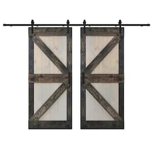 K Series 72 in. x 84 in. Light Grey Carbon Grey Knotty Pine Wood Double Sliding Barn Door with Hardware Kit
