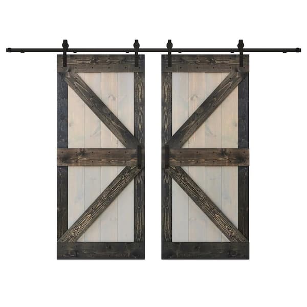 COAST SEQUOIA INC K Series 72 in. x 84 in. Light Grey Carbon Grey Knotty Pine Wood Double Sliding Barn Door with Hardware Kit