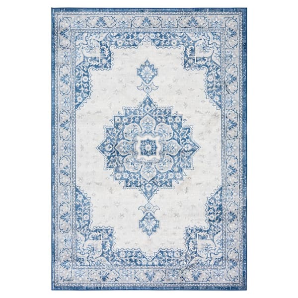 Brentwood 4 ft. x 6 ft. Blue/Ivory Ornate Medallion Area Rug