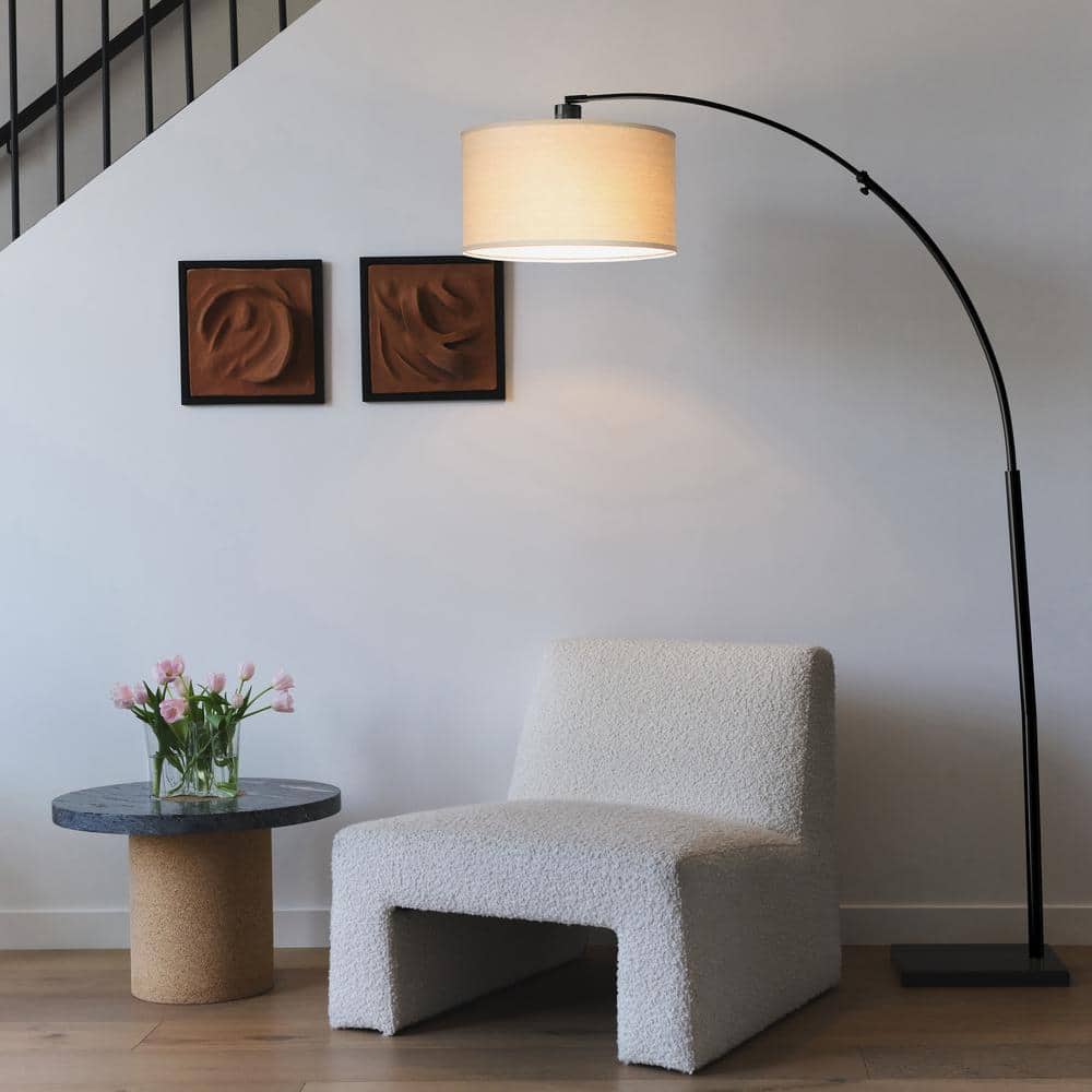 Logan Adjustable 76" Black LED Arc Floor Lamp with Beige Drum Shade