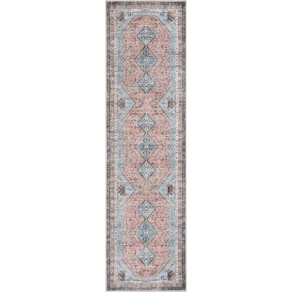 Lotus Menda Light Blue Vintage Bohemian Medallion 2 ft. 7 in. x 9 ft. 10 in. Machine Washable Runner Rug