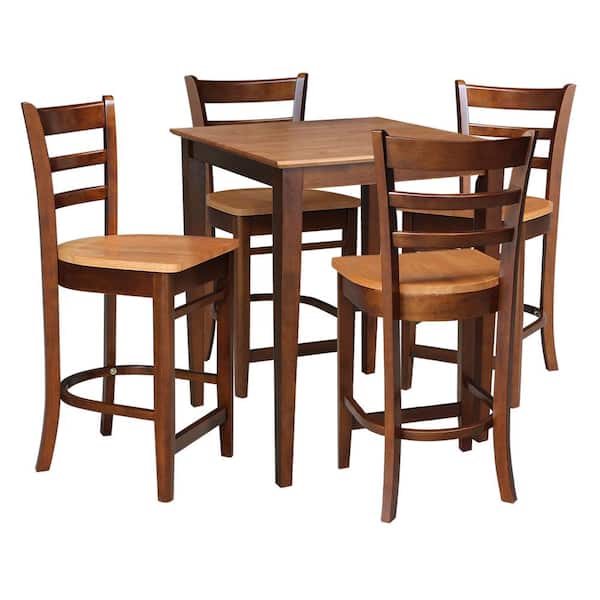 International Concepts 5 PC Set - Espresso / Cinnamon Solid Wood 30 in. Square Table with 4 Side Stools