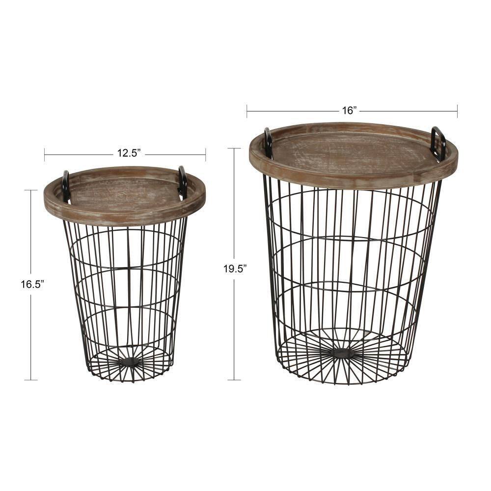 Rustic Brown and Black Round Wood & Metal Nesting End Tables, 2-Piece Set