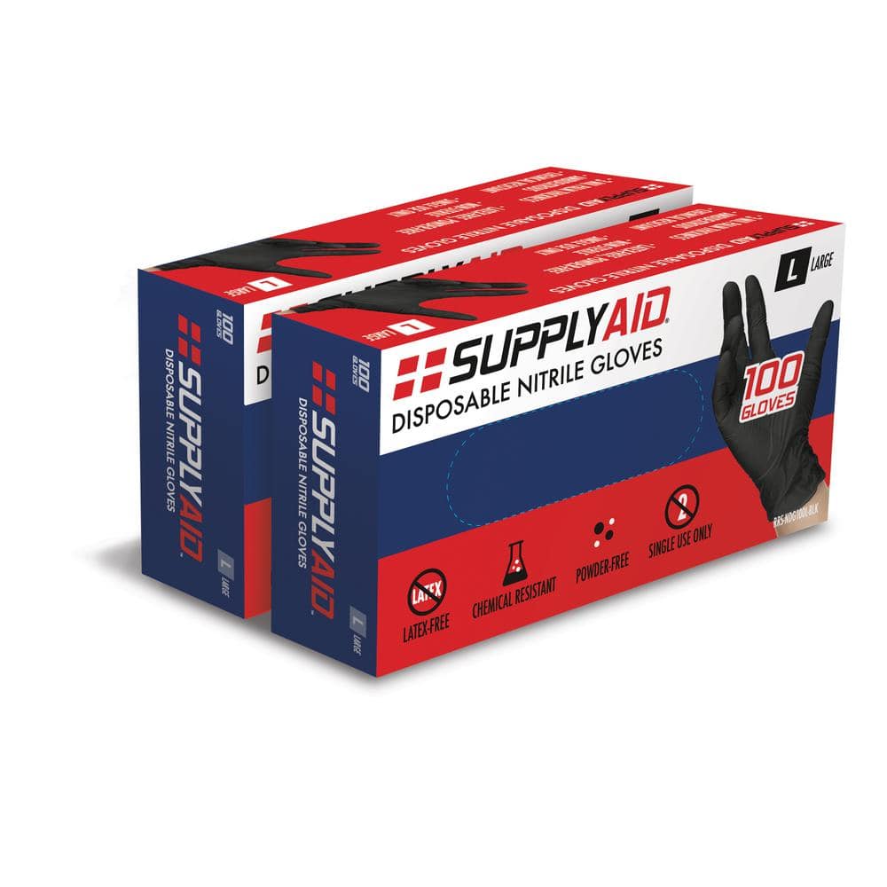 SUPPLYAID Large Black Disposable PowderFree 100 Nitrile Exam Gloves (200Count Bundle) BDL