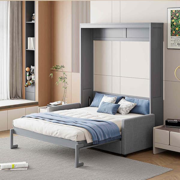 Polibi Gray Wood Frame Full Murphy Bed with Cushion