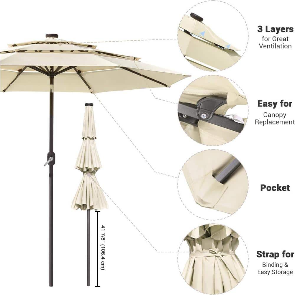 10ft Beige Solar LED Outdoor Patio Umbrella with Steel Pole