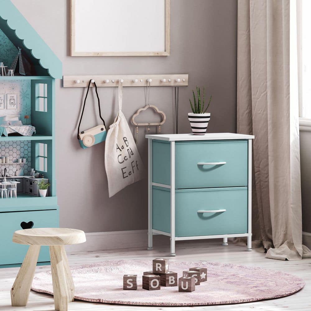 Aqua, 2 Drawers, 11.8 in. W Nightstand, Set of 2 Kids Bedside Furniture End