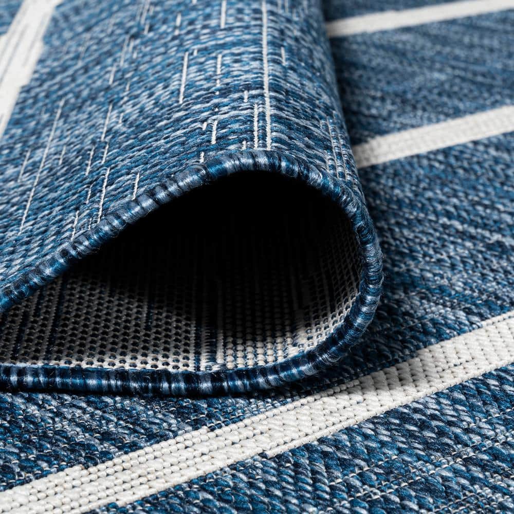 Blue and Ivory Striped Synthetic Reversible Area Rug